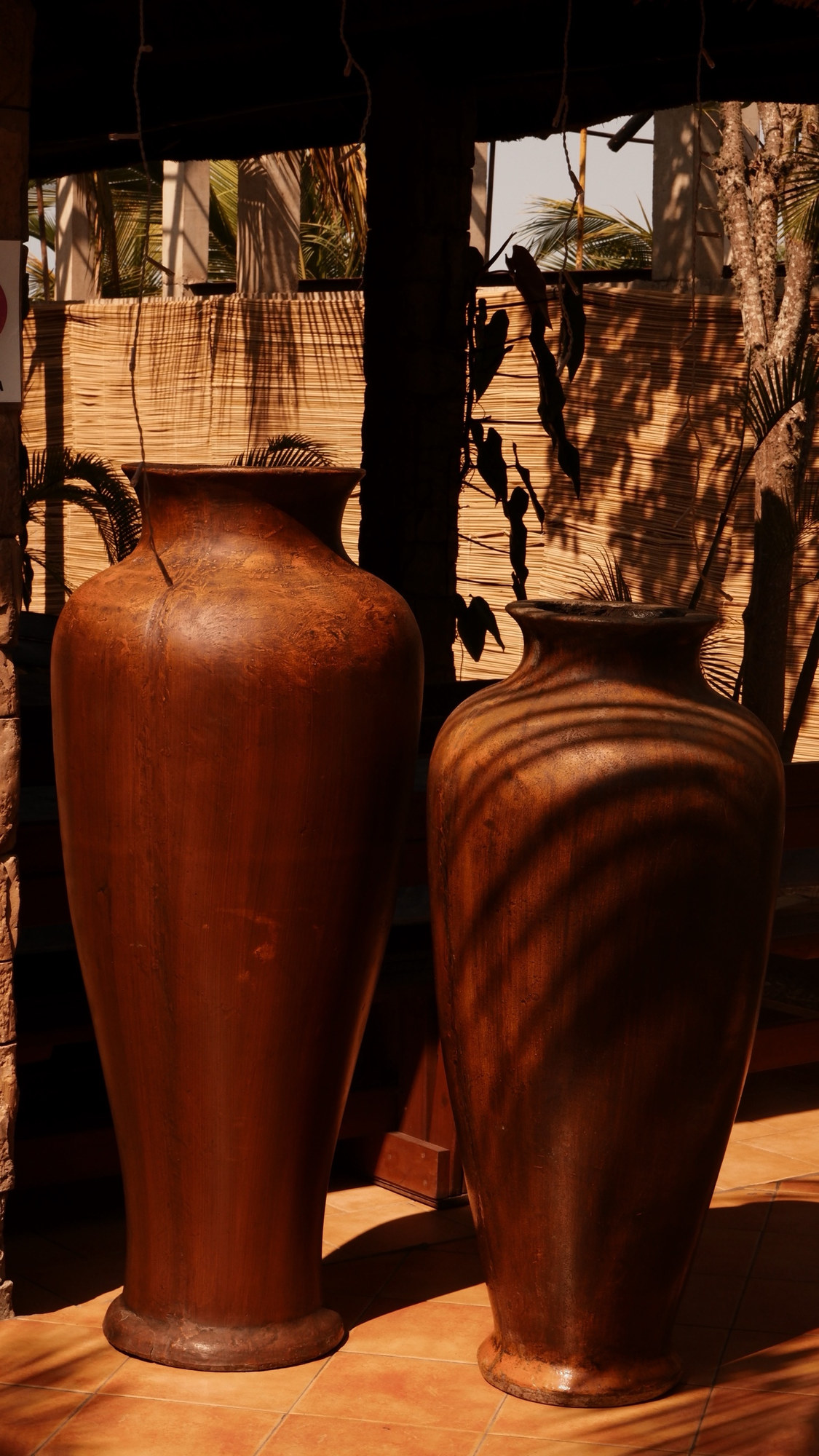 Two clay vases striped with palm shadows